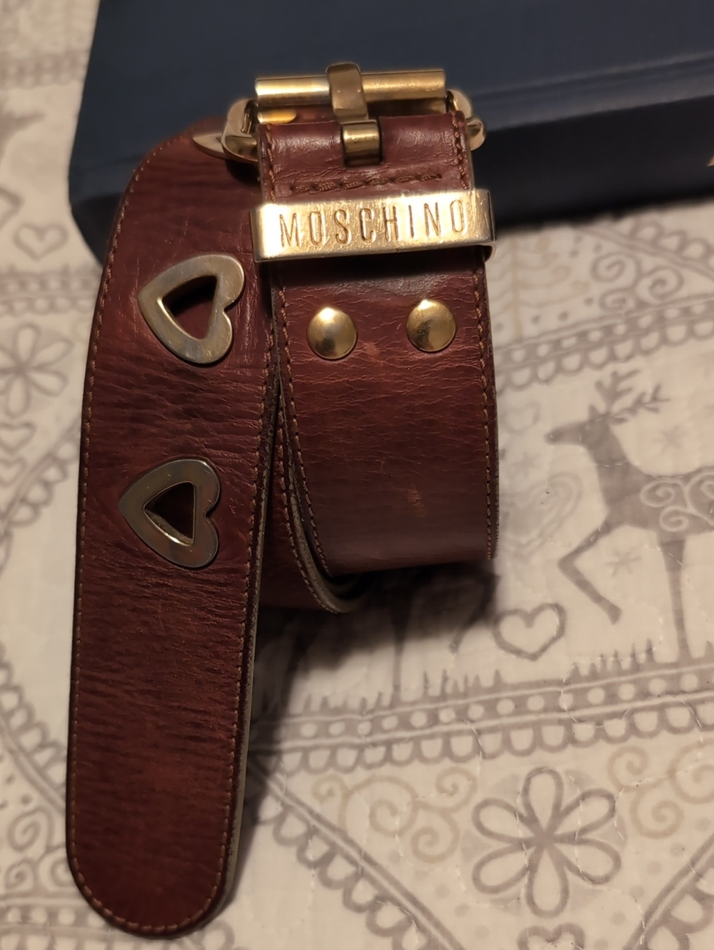 Moschino Brown Leather Belt with Gold Heart Hardware